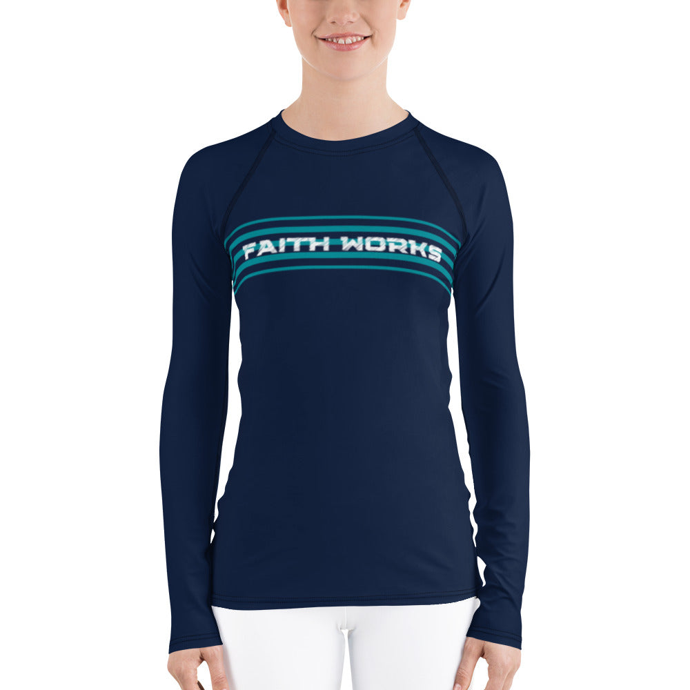 Women's Faith Works Teal Horizontal Striped Rash Guard